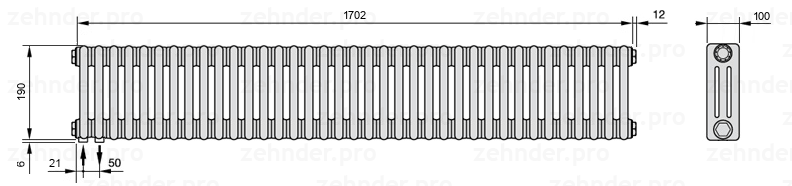 Схема (чертеж) Радиатор Zehnder Charleston 3019/37 №3370 Белый глянцевый RAL 9016